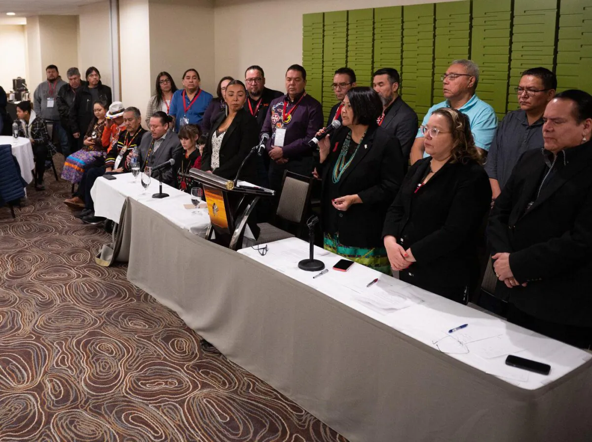 Grand Chief Cathy Merrick of the Assembly of Manitoba Chiefs speaks during a press conference at the Assembly of First Nations Special Chiefs Assembly in Ottawa, on Dec. 8, 2022. (The Canadian Press/Spencer Colby)

