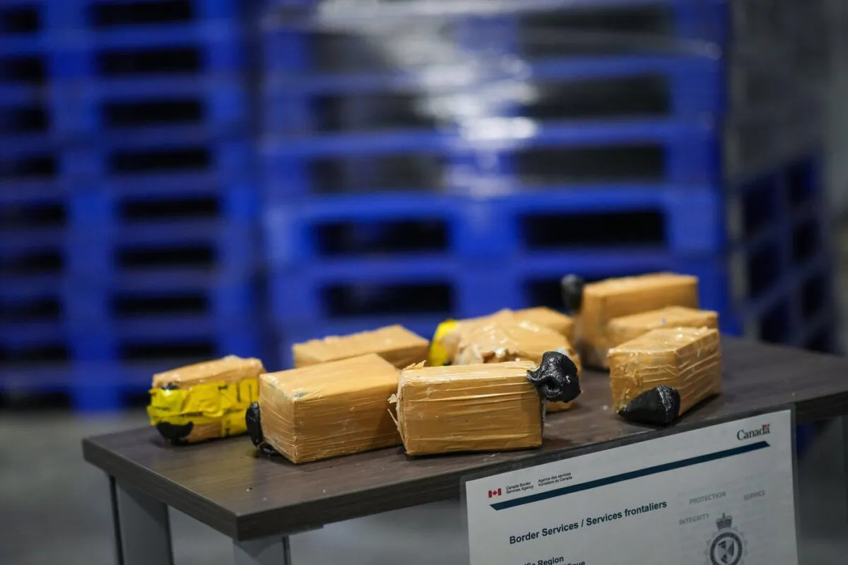Bricks of seized opium that were concealed in shipping pallets are displayed at a Canada Border Services Agency facility, in Tsawwassen, B.C., Dec. 16, 2022. (The Canadian Press/Darryl Dyck)
