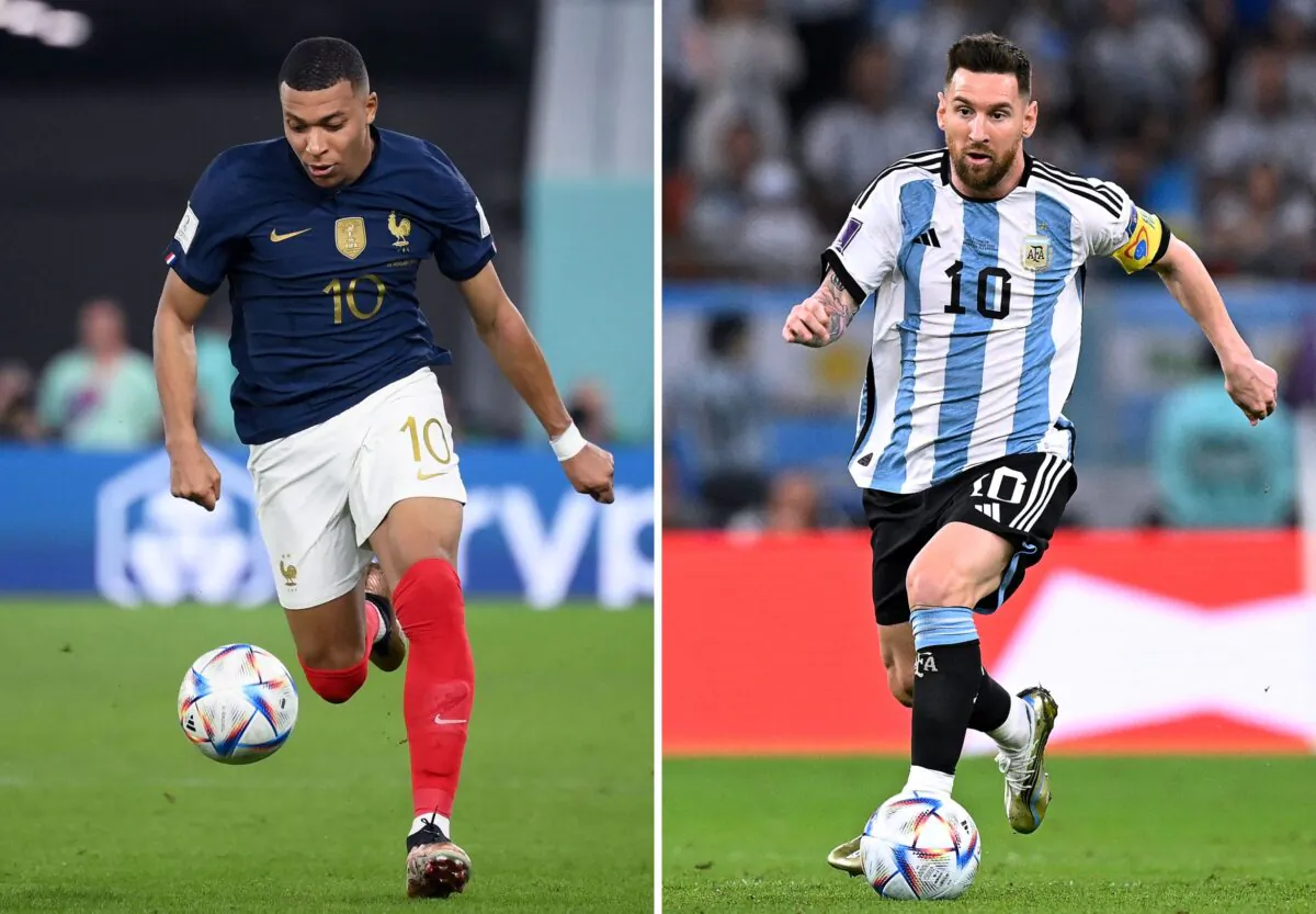 (L) France's forward #10 Kylian Mbappe in Doha on Nov. 26, 2022; and Argentina's forward #10 Lionel Messi in Al-Rayyan, west of Doha on Dec. 3, 2022, in this combination of file photos created on Dec. 16, 2022. (Franck Fife and Alfredo Estrella/AFP via Getty Images)