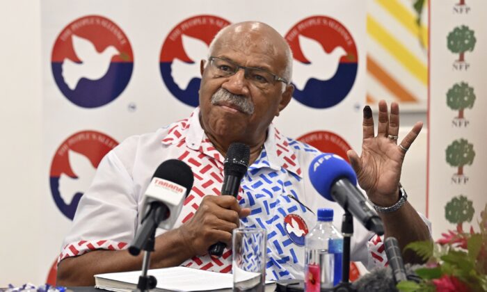 People's Alliance Party leader Sitiveni Rabuka gestures during a press conference while counting resumes after the Fijian election in Suva, Fiji, on Dec. 17, 2022. (Mick Tsikas/AAP Image via AP)