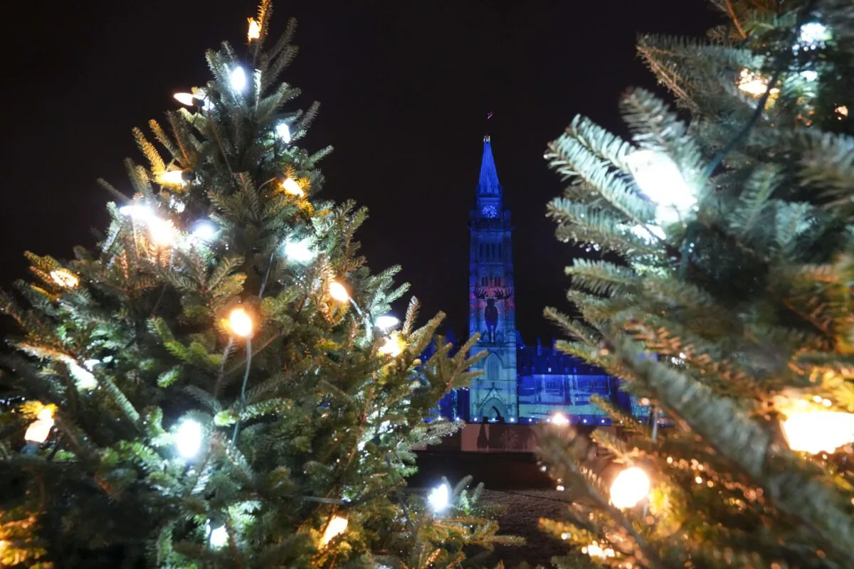 The Peace Tower and Centre Block of Parliament Hill are lit with projections for Winter Lights Across Canada, in Ottawa on Dec. 7, 2022. (The Canadian Press/Sean Kilpatrick)