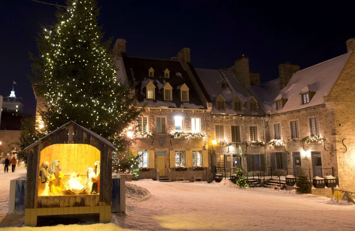 Christmas lights around a nativity scene in Place Royale in old historic Quebec City, in a file photo. (The Canadian Press/Jacques Boissinot)