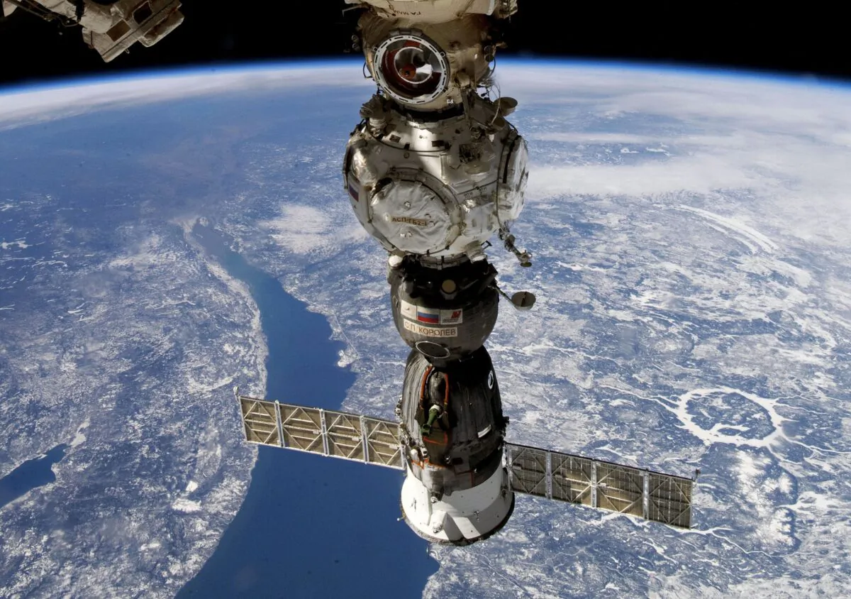 A Soyuz capsule of the International Space Station (ISS) during its fly in an undated photo. (Sergei Korsakov, Roscosmos State Space Corporation via AP)