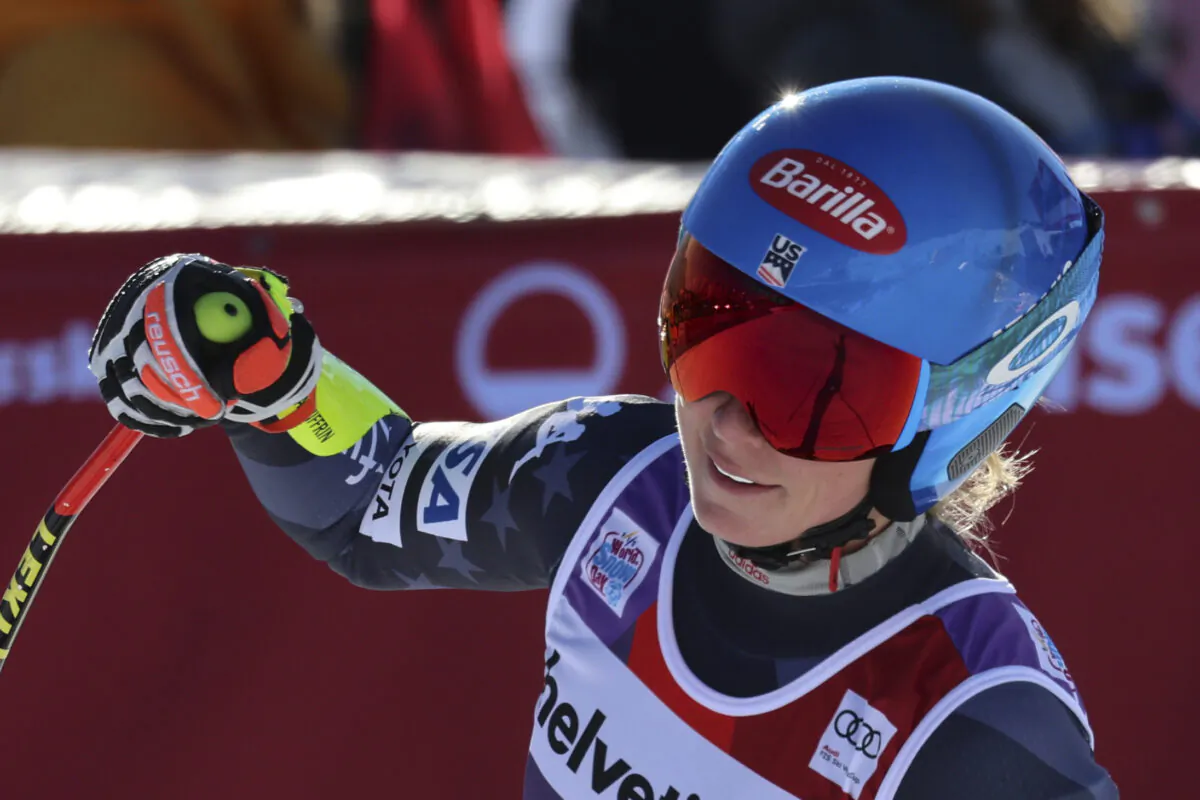 United States' Mikaela Shiffrin reacts after crossing the finish line to complete an alpine ski, women's World Cup Super-G race, in St. Moritz, Switzerland, on Dec. 18, 2022. (Marco Trovati/AP Photo)