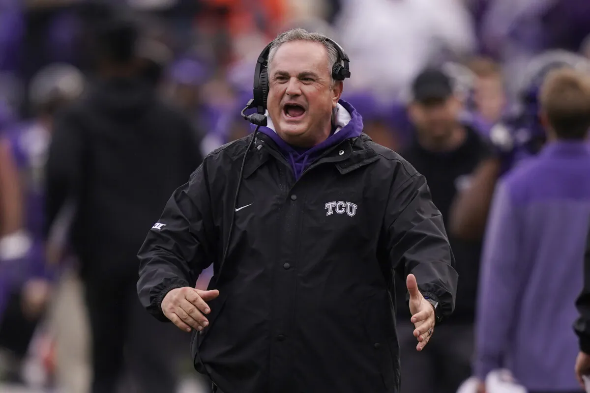 TCU head coach Sonny Dykes cheers after his team scored during the first half of an NCAA college football game against Iowa State in Fort Worth, Texas, on Nov. 26, 2022. (LM Otero/AP Photo)