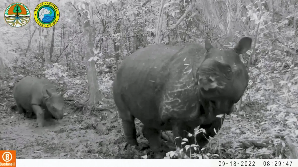 Javan Rhino Calf walks next to female rhino, believed to be its mother, in Ujung Kulon National Park, Indonesia, on Sept. 18, 2022, in this screenshot taken from a video obtained by Reuters on Dec. 19, 2022. (Indonesia's Ministry of Environment and Forestry/Handout via Reuters)