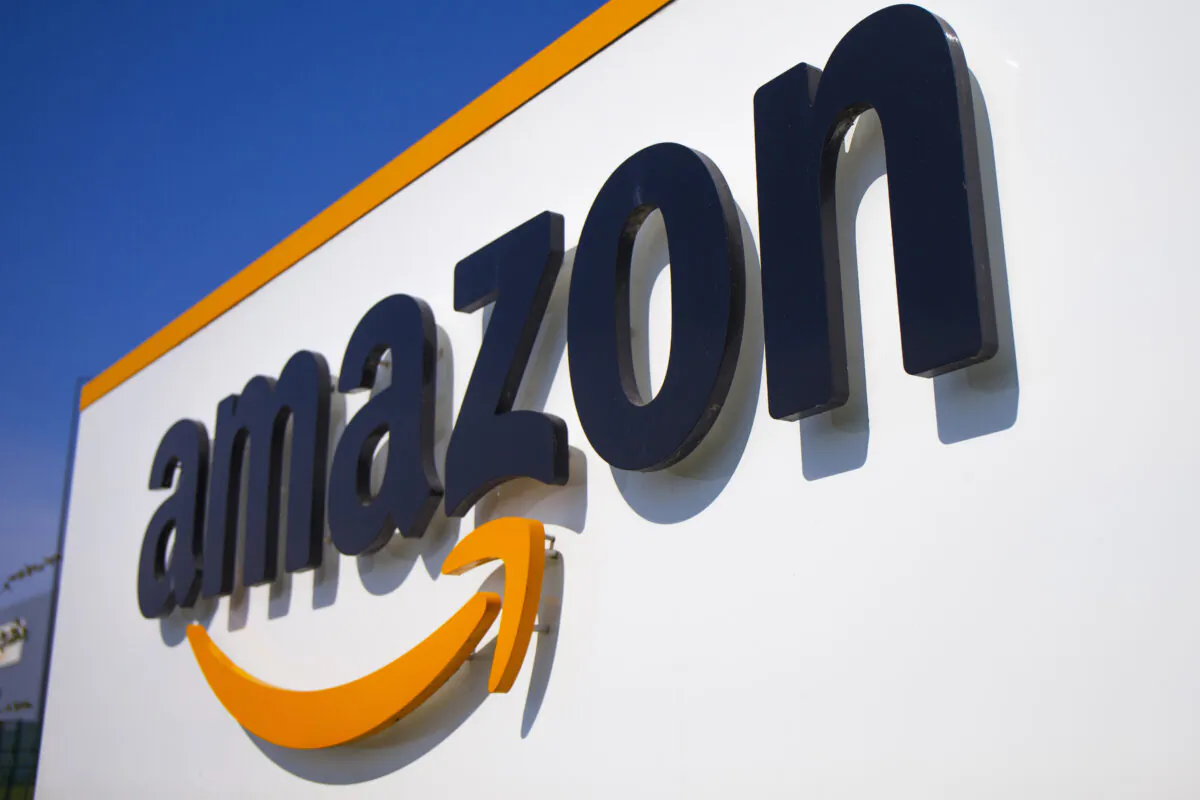 A company logo at the entrance of Amazon in Douai, northern France, on April 16, 2020. (Michel Spingler/AP Photo)
