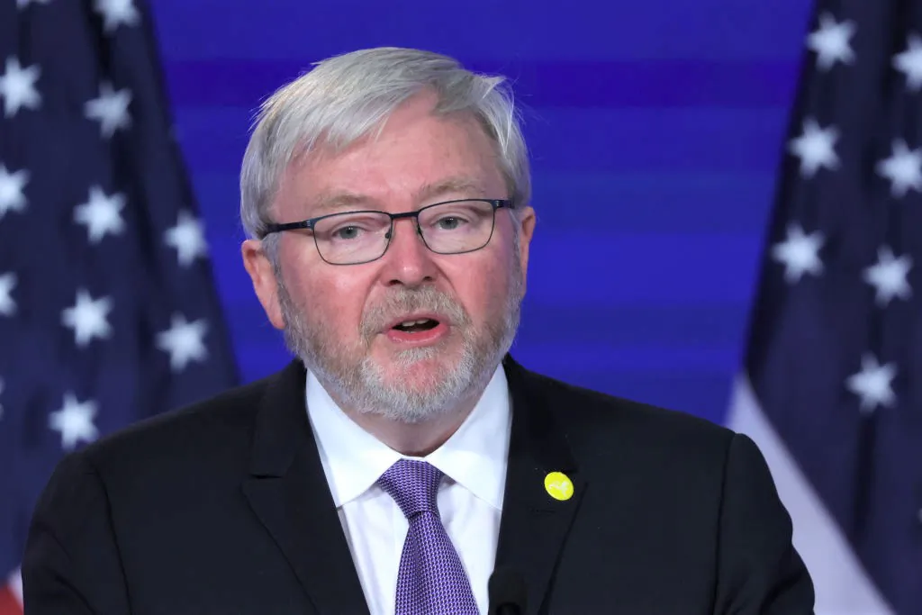 Kevin Rudd, former Australian prime minister at the Jack Morton Auditorium of George Washington University in Washington, D.C., on May 26, 2022. (Alex Wong/Getty Images)