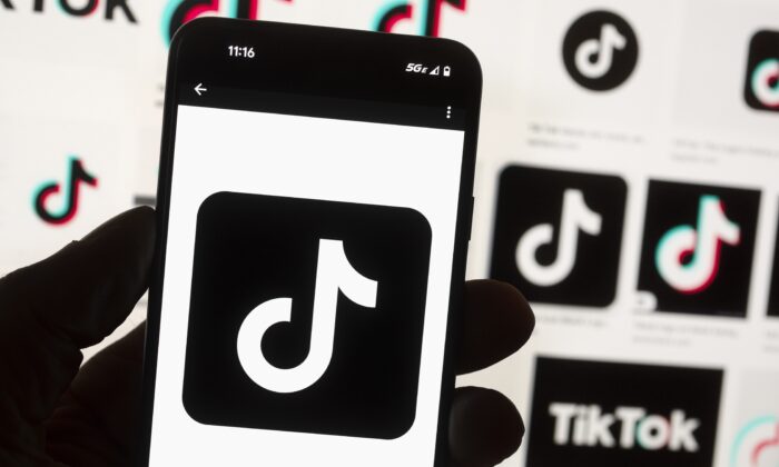 The TikTok logo on a cell phone in Boston on Oct. 14, 2022. (Michael Dwyer/AP Photo)