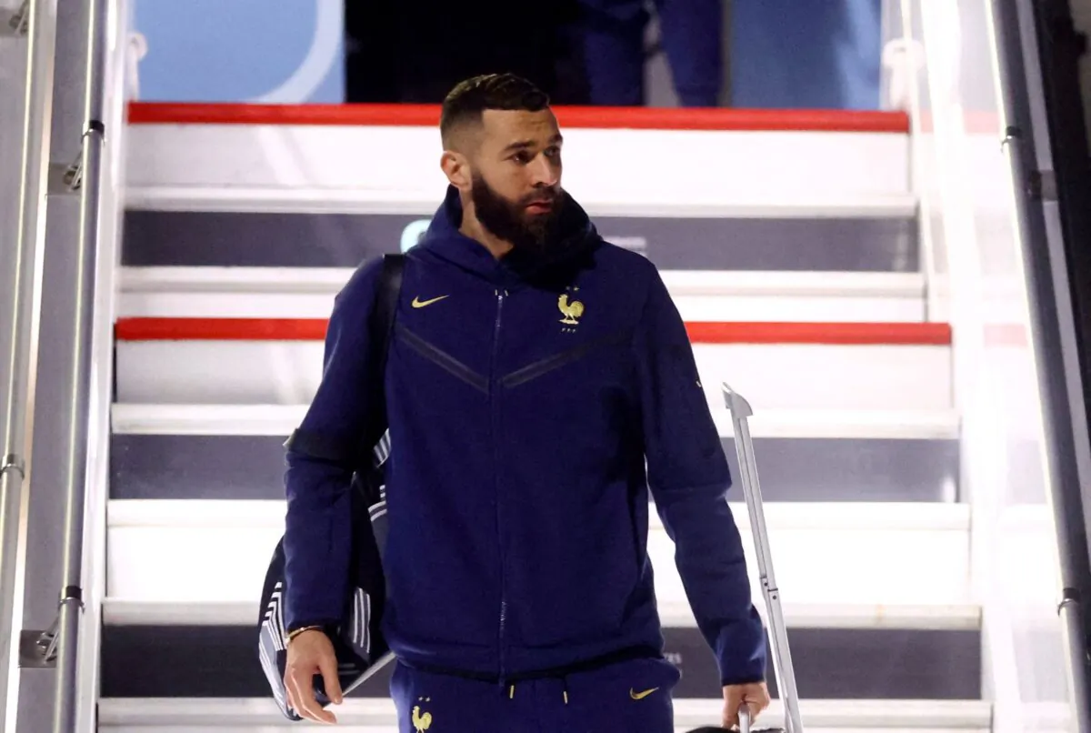 France's Karim Benzema arrives in Doha for the FIFA World Cup Qatar, at Hamad International Airport, Doha, Qatar, on Nov. 16, 2022. (Hannah Mckay/Reuters)