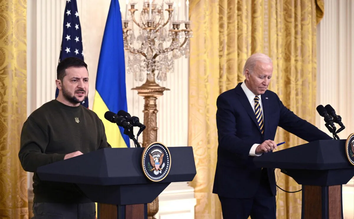 Ukraine's President Volodymyr Zelenskyy holds a joint press conference with US President Joe Biden in the East Room of the White House, in Washington on Dec. 21, 2022. (Brendan Smialowski/AFP via Getty Images)
