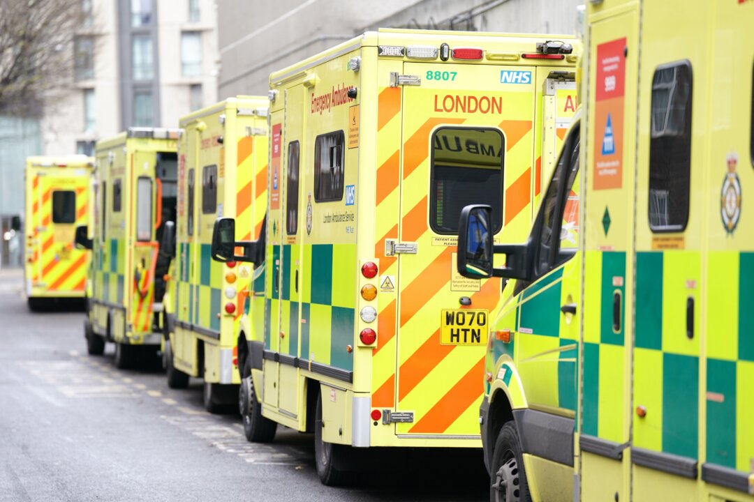 Ambulances parked during a strike outside Waterloo ambulance station, London, on Dec. 21, 2022. (Kirsty O'Connor/PA Media)