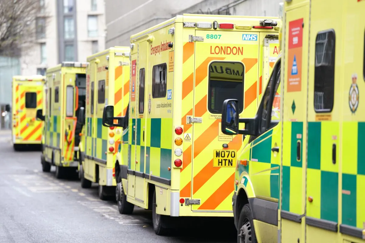 Ambulances parked during a strike outside Waterloo ambulance station, London, on Dec. 21, 2022. (Kirsty O'Connor/PA Media)