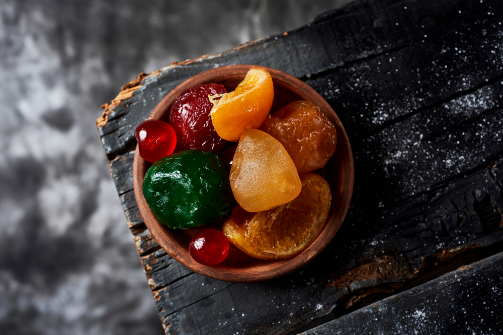 High,Angle,View,Of,Some,Appetizing,Spanish,Candied,Fruit,,Such