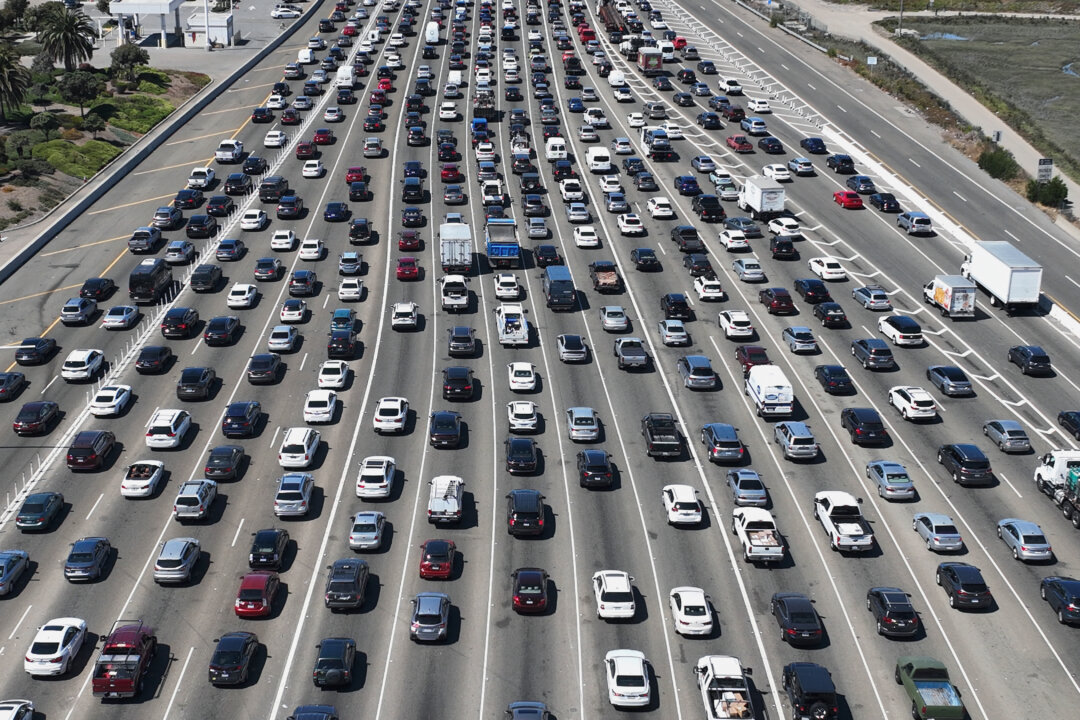 Traffic backs up at the San Francisco-Oakland Bay Bridge toll plaza on Aug. 24, 2022. California announced a ban on the sale of new gasoline-powered cars after 2035 in a push to transition to electric vehicles, on Aug. 25, 2022. (Justin Sullivan/Getty Images)