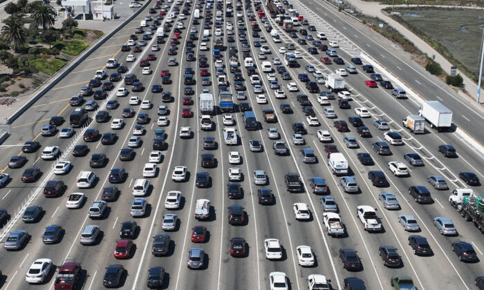 Traffic backs up at the San Francisco-Oakland Bay Bridge toll plaza on Aug. 24, 2022. California announced a ban on the sale of new gasoline-powered cars after 2035 in a push to transition to electric vehicles, on Aug. 25, 2022. (Justin Sullivan/Getty Images)