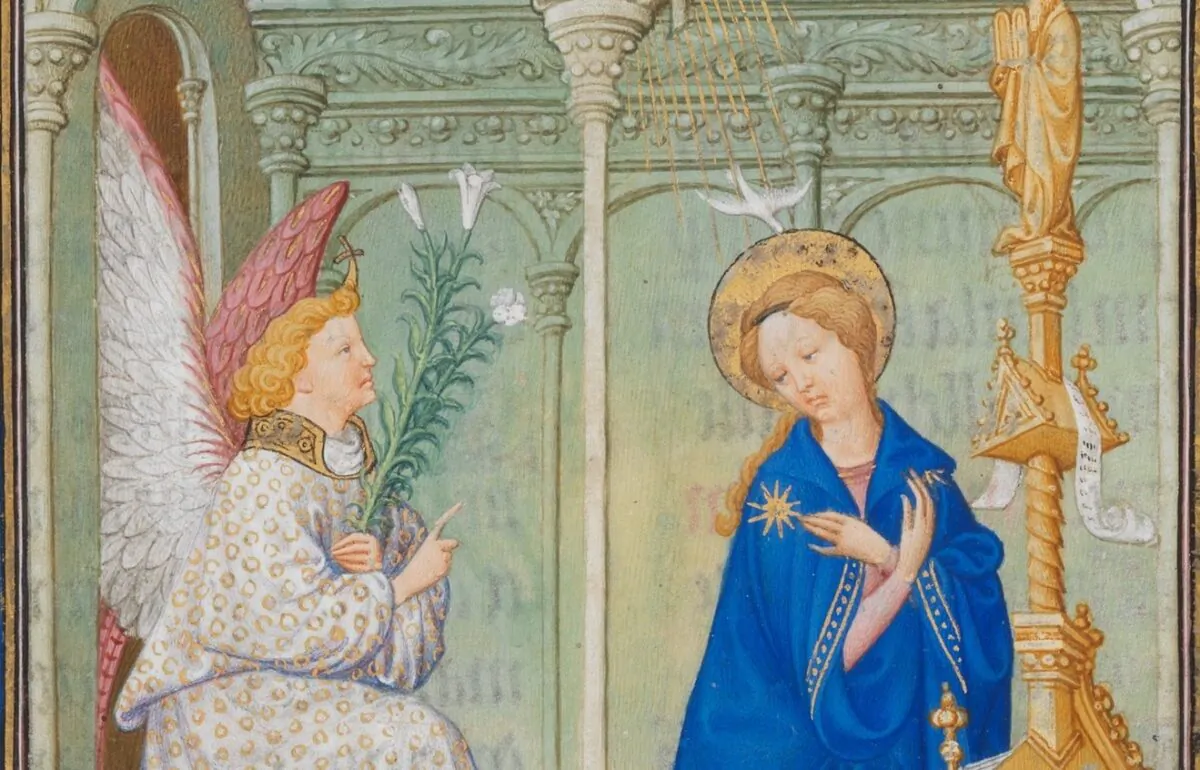 A detail of "The Annunciation" in "The Beautiful Hours of Jean of France, Duke of Berry." The Cloisters Collection, 1954, at The Metropolitan Museum of Art, New York. (Public Domain)