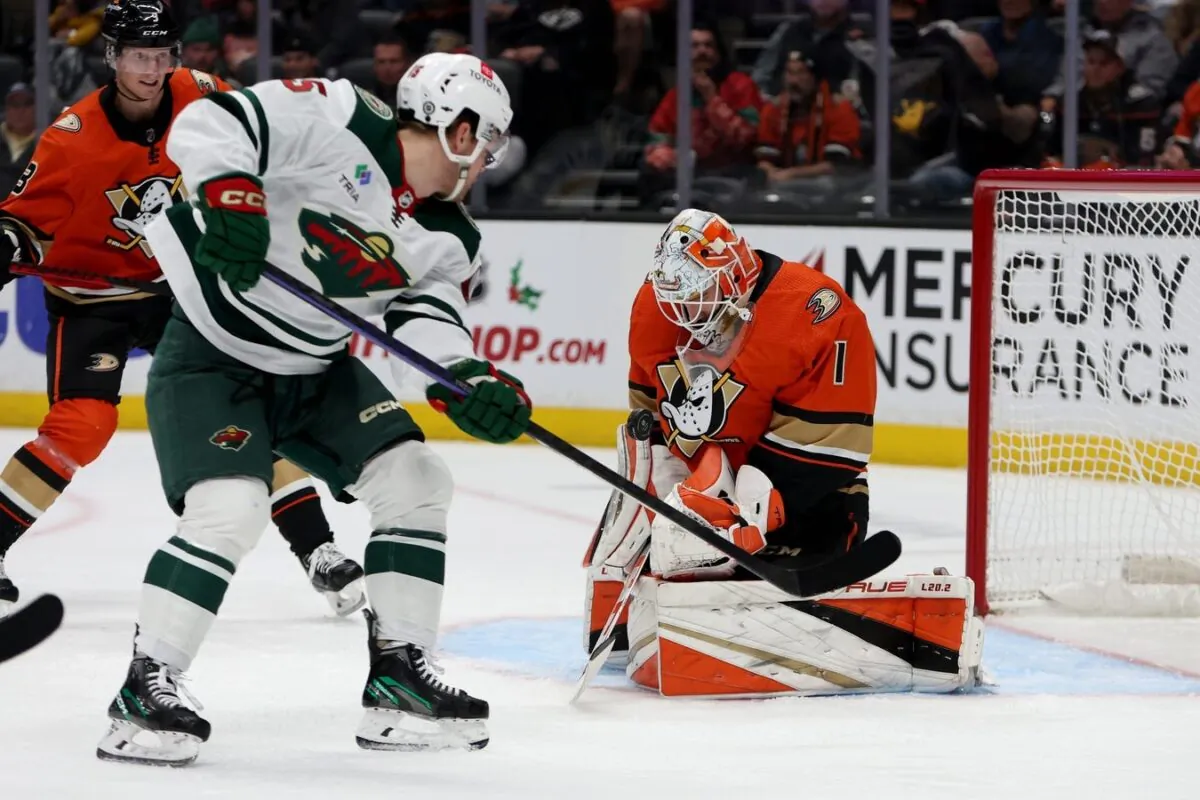 Anaheim Ducks goaltender Lukas Dostal (1) blocks a shot during the first period against the Minnesota Wild at Honda Center in Anaheim, Calif., on Dec 21, 2022. (Kiyoshi Mio/USA TODAY Sports via Field Level Media)