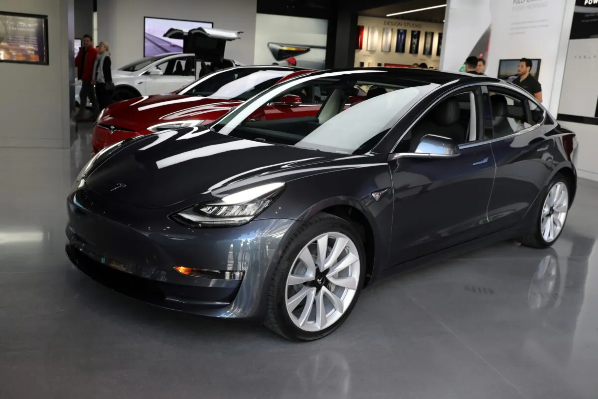 A Tesla Model 3 in a showroom in Los Angeles on Jan. 12, 2018. (Lucy Nicholson/Reuters)