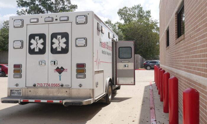 An ambulance outside the Bellville Medical Center after dropping off a patient, in Bellville, Texas, on Sept. 1, 2021. (Francois Picard/AFP via Getty Images)