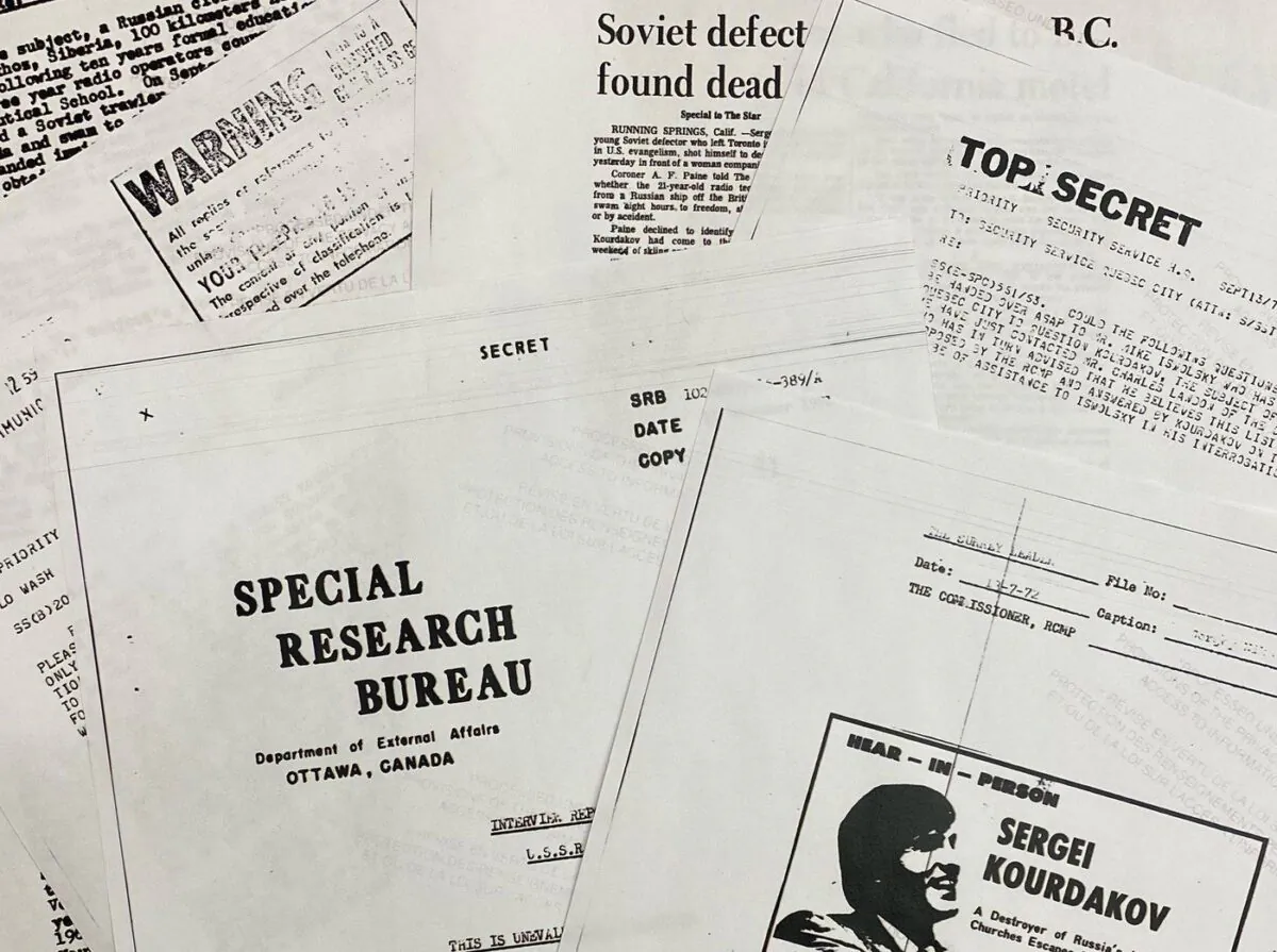 Pages from the RCMP file on defector Sergei Kourdakov, a Russian seaman who turned up bloody and exhausted on the British Columbia coast in September 1971 are photographed in Ottawa on Dec. 21, 2022. (The Canadian Press/Jim Bronskill)
