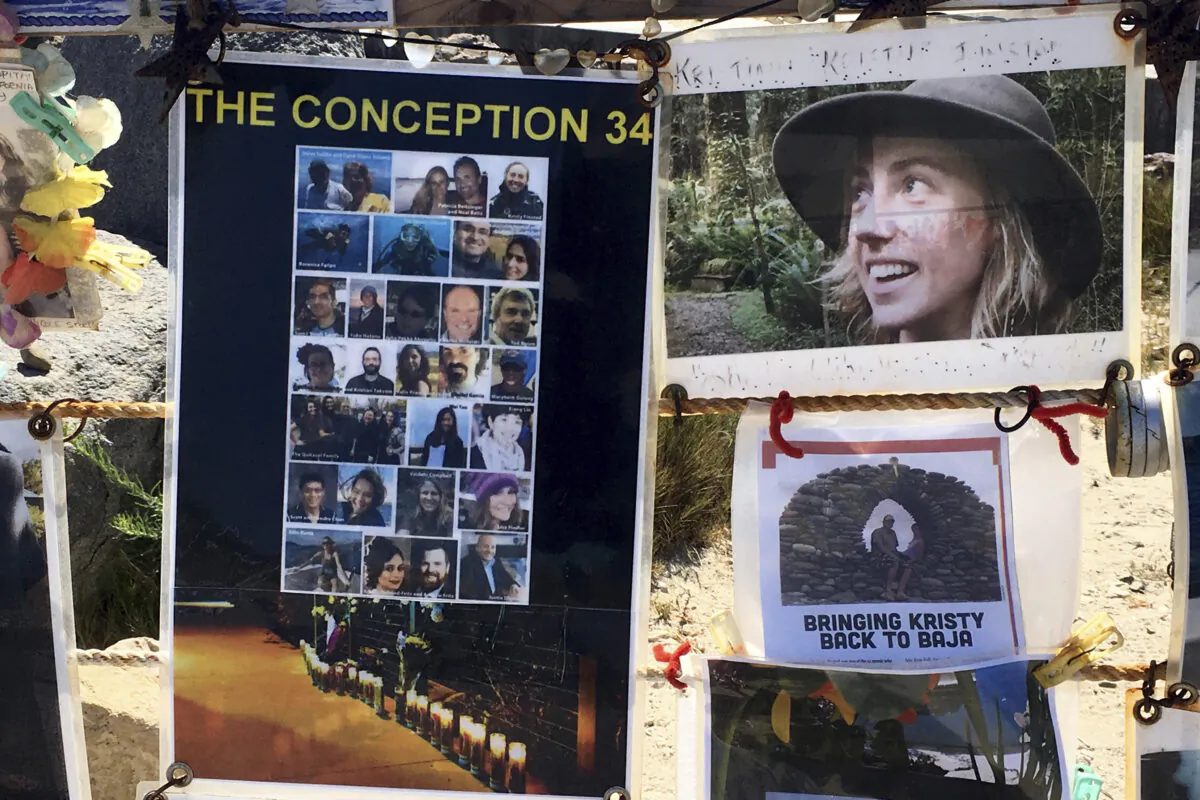 A standing memorial to the people who died aboard the Conception dive boat is seen along the coast near the Santa Barbara, Calif., harbor on July 12, 2020. (John Antczak/AP Photo)