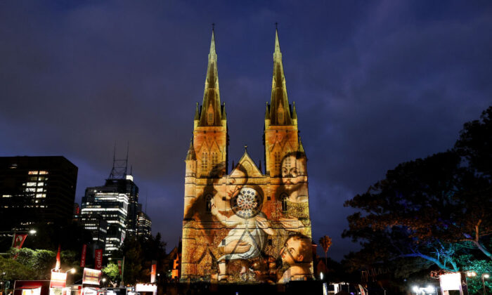 St Mary's Cathedral is illuminated with Christmas themed projections in celebration of Christmas in Sydney, Australia, on Dec. 21, 2021. (Brendon Thorne/Getty Images)