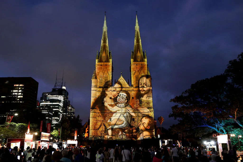 St Mary's Cathedral is illuminated with Christmas themed projections in celebration of Christmas in Sydney, Australia, on Dec. 21, 2021. (Brendon Thorne/Getty Images)