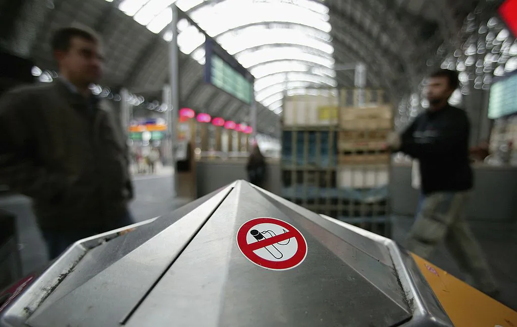 A smoking prohibited sign is pictured at Frankfurt main train station in Frankfurt, Germany, on Dec. 13, 2006. (Ralph Orlowski/Getty Images)