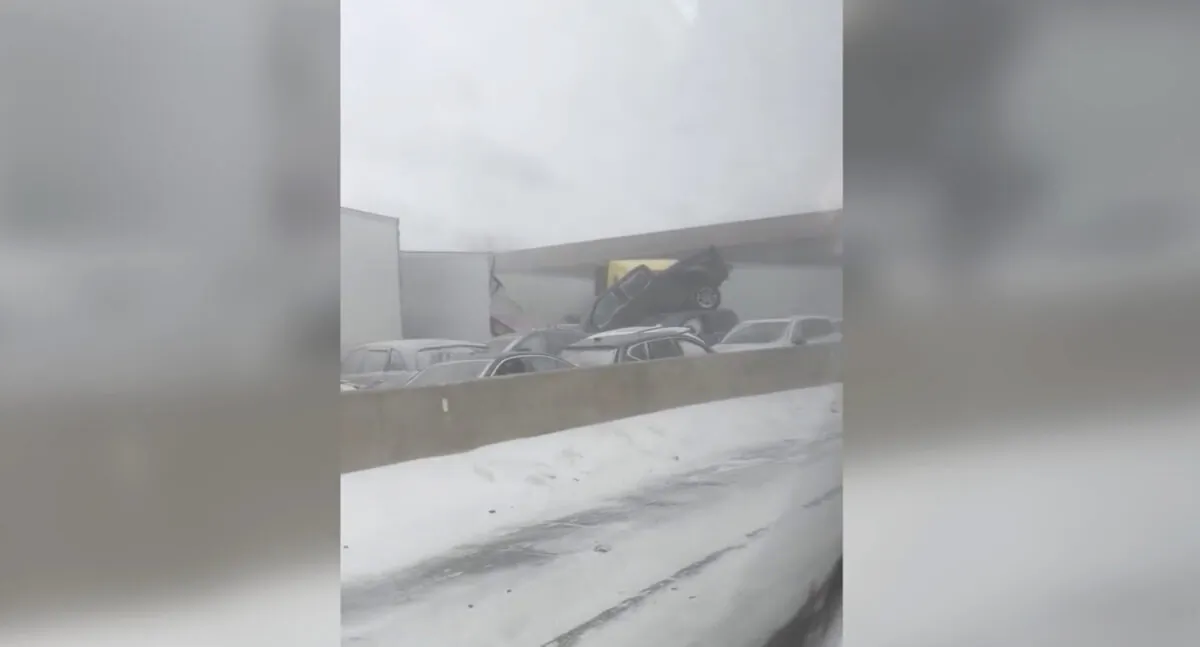 More than 40 vehicles are involved in a pileup along Ohio Turnpike in Sandusky County, Ohio, on Dec. 23, 2022, in a still from video. (Courtesy of Catherine Martinez Griert/Screenshot via NTD)