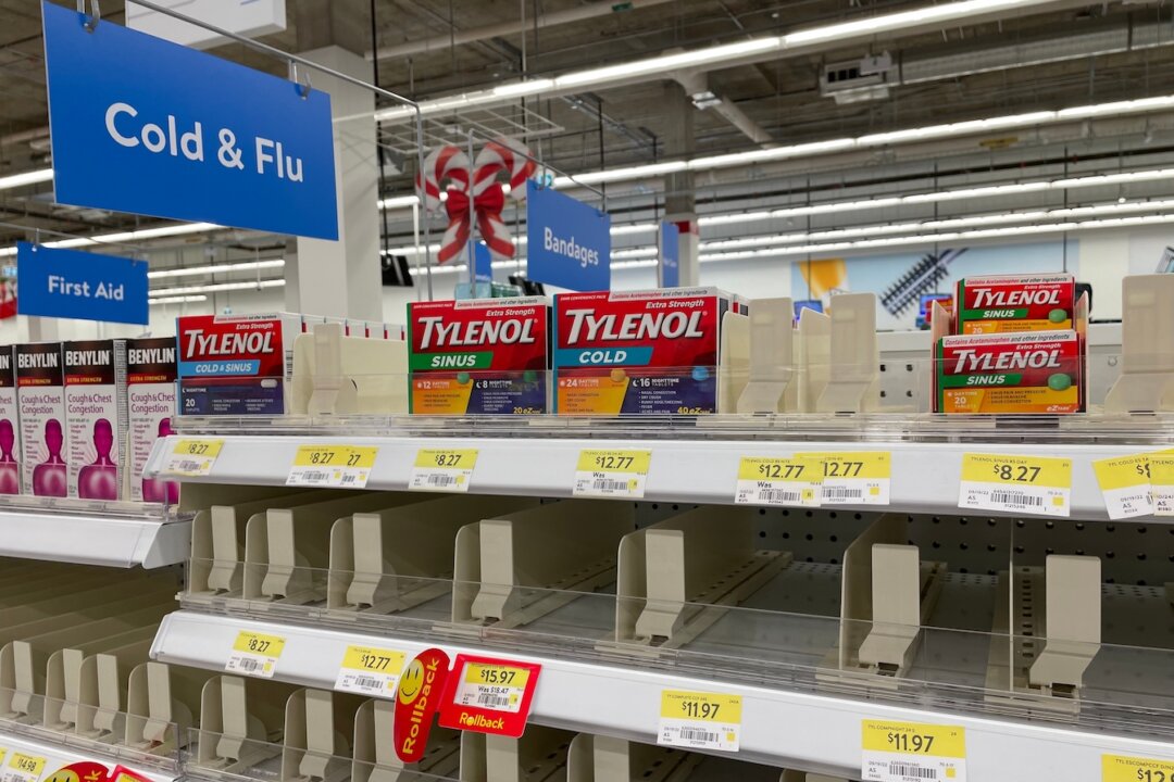 Edmonton, Canada - December 9, 2022: Empty shelves in a Walmart pharmacy due to supply shortages of cold, cough, and flu medication and increased demand due to seasonal illnesses. (Jenari/Shutterstock)
