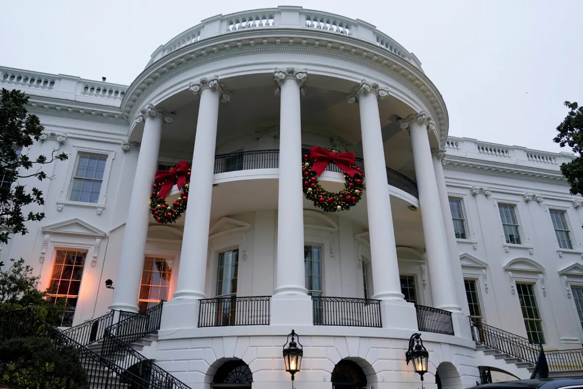 Wreaths hang on the Truman Balcony of the White House in Washington, Nov. 27, 2022. (Susan Walsh/AP Photo)