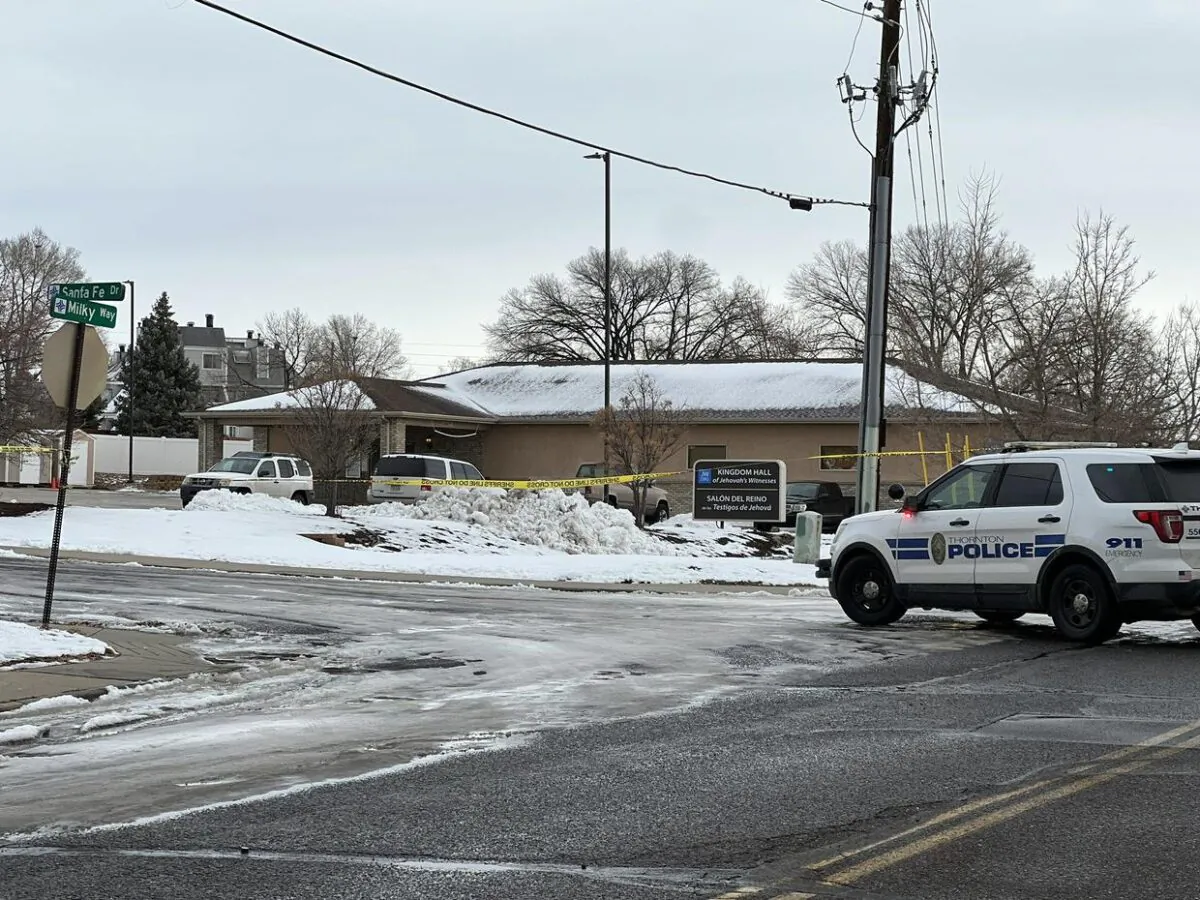 A police car at the scene of a homicide at a Jehovah's Witnesses Kingdom Hall in Thornton, Colo., on Dec. 25, 2022. (Courtesy of KCNC)