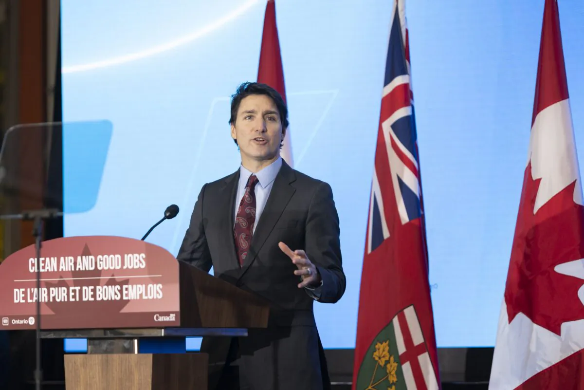 Prime Minister Justin Trudeau speaks at the General Motors CAMI production plant in Ingersoll, Ont., on Dec. 5, 2022, when he and Ontario Premier Doug Ford launched Canada’s first full-scale electric vehicle manufacturing plant. (Nicole Osborne/The Canadian Press)