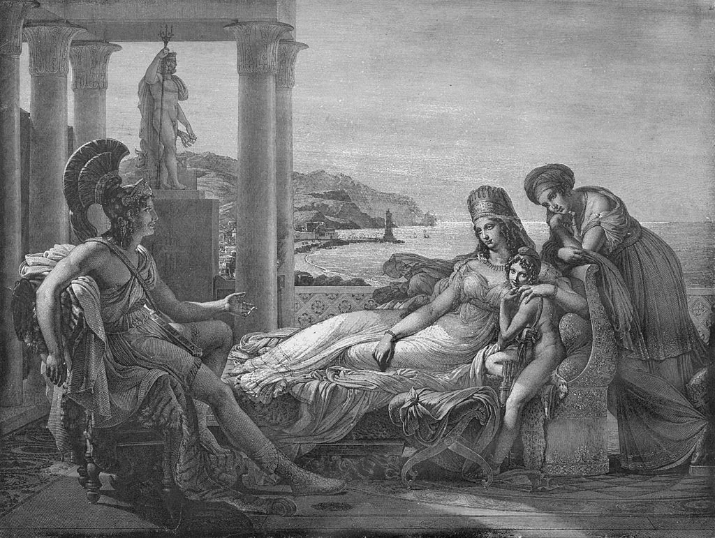 Engraving depicting Aeneas, a Trojan prince and son of the prince Anchises and the goddess Aphrodite, recounting the Trojan War to Dido, Queen of Carthage, Tunisia, circa 1200 B.C. The image, taken from a painting by Pierre-Narcisse Guerin (1774–1833), is a scene from Virgil's Aeneid. (Kean Collection/Getty Images)