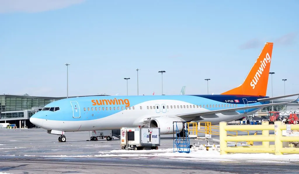 A Sunwing aircraft is parked at the Montreal-Trudeau International Airport in a file photo. (The Canadian Press/Paul Chiasson)