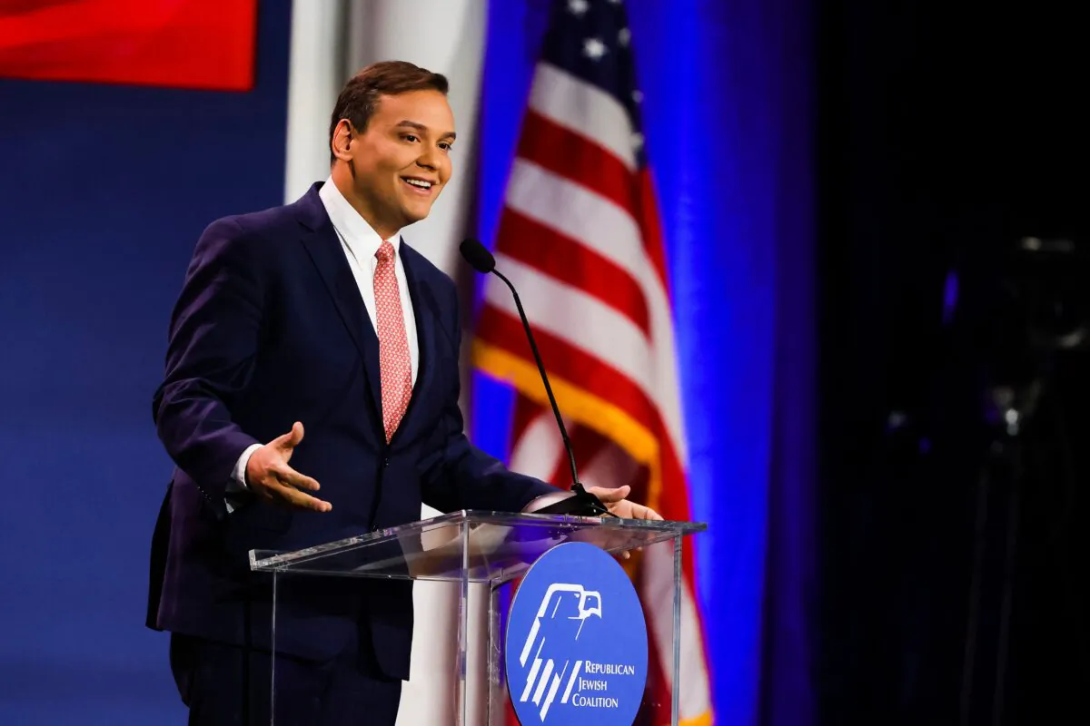 Representative-elect George Santos (R-N.Y.) speaks at the Republican Jewish Coalition Annual Leadership Meeting in Las Vegas, on Nov. 19, 2022. (Wade Vandervort/AFP via Getty Images)