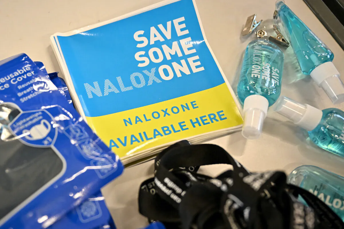 Naloxone available here stickers are pictured during at Bathgate Fire Station in Bathgate, Scotland, on Feb. 9, 2022. (Jeff J Mitchell-Pool/Getty Images)