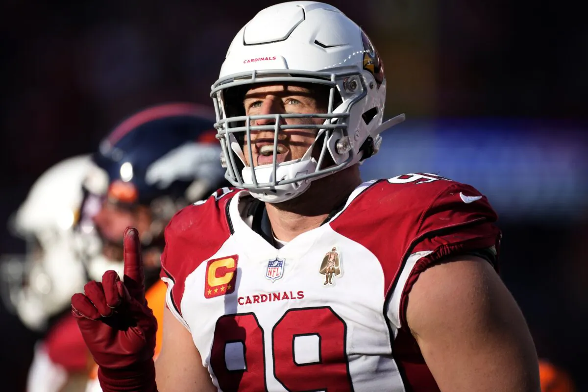 Arizona Cardinals defensive end J.J. Watt (99) motions after a sack against the Denver Broncos during the first half of an NFL football game in Denver on Dec. 18, 2022. (David Zalubowski/AP Photo)