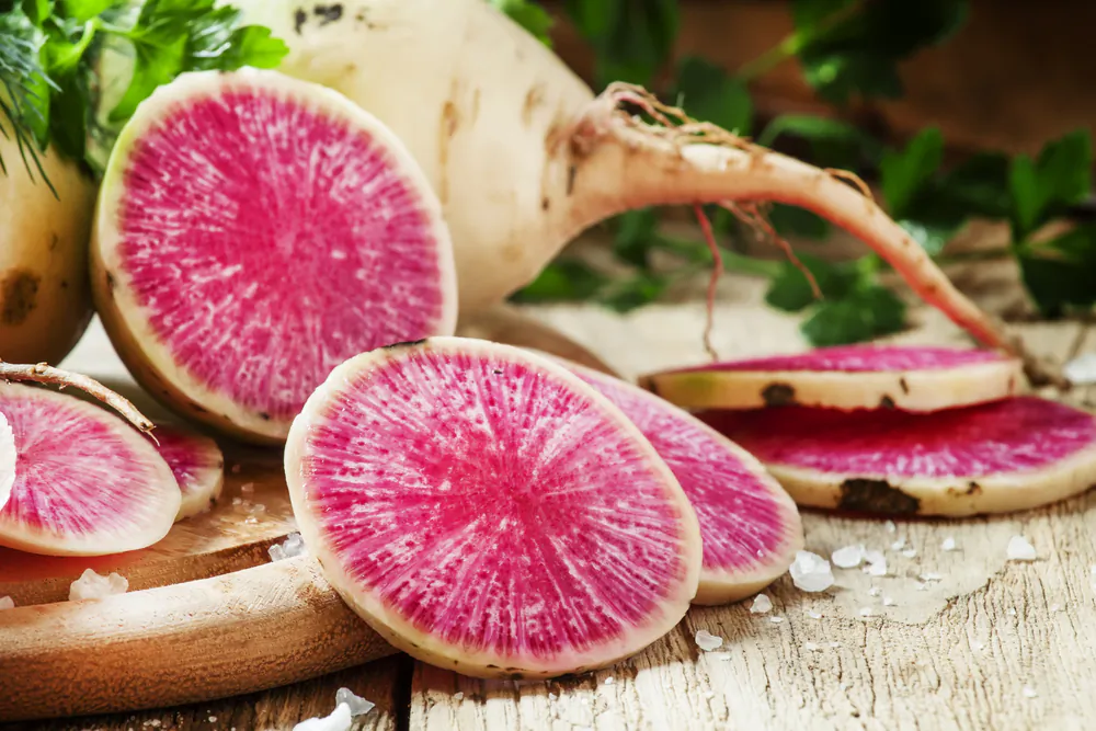 Also known as a Chinese red meat radish, and sometimes called the “beauty heart radish,” the watermelon radish is an heirloom variety of daikon. (5PH/Shutterstock)