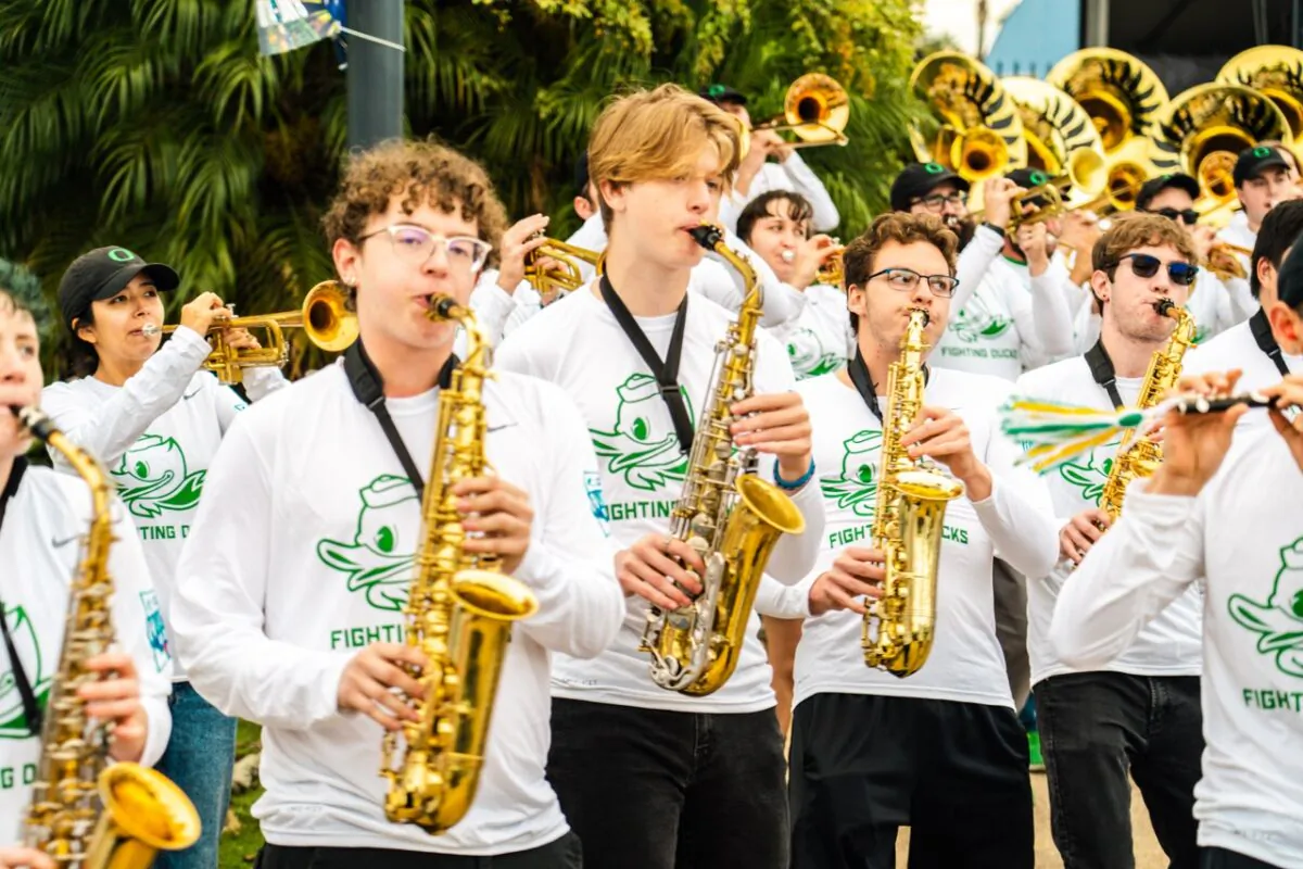 University of Oregon marching band performs for SeaWorld park guests in Mission Bay, Calif., on Dec. 27, 2022—before the school's appearance in the Holiday Bowl on Dec. 28 (Courtesy of SeaWorld San Diego)