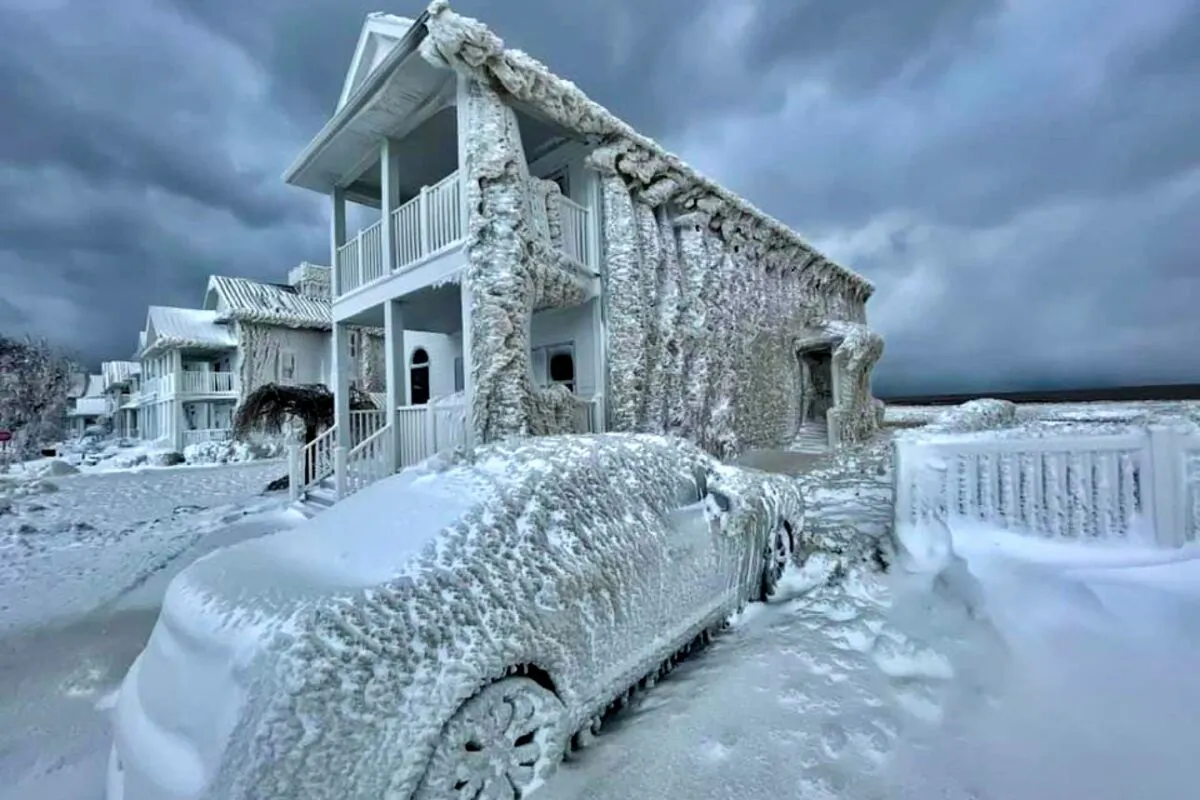 Houses and vehicles are covered in ice along the shore of Crystal Beach in Fort Erie, Ont., on Dec. 25, 2022. (Courtesy of Tracey Cotton) 
