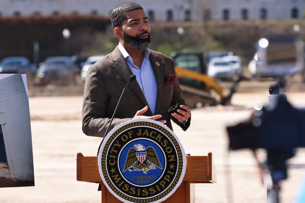 Jackson Mayor Chokwe Antar Lumumba speaks during a press conference in Jackson, Miss., on March 8, 2021. (Michael M. Santiago/Getty Images)