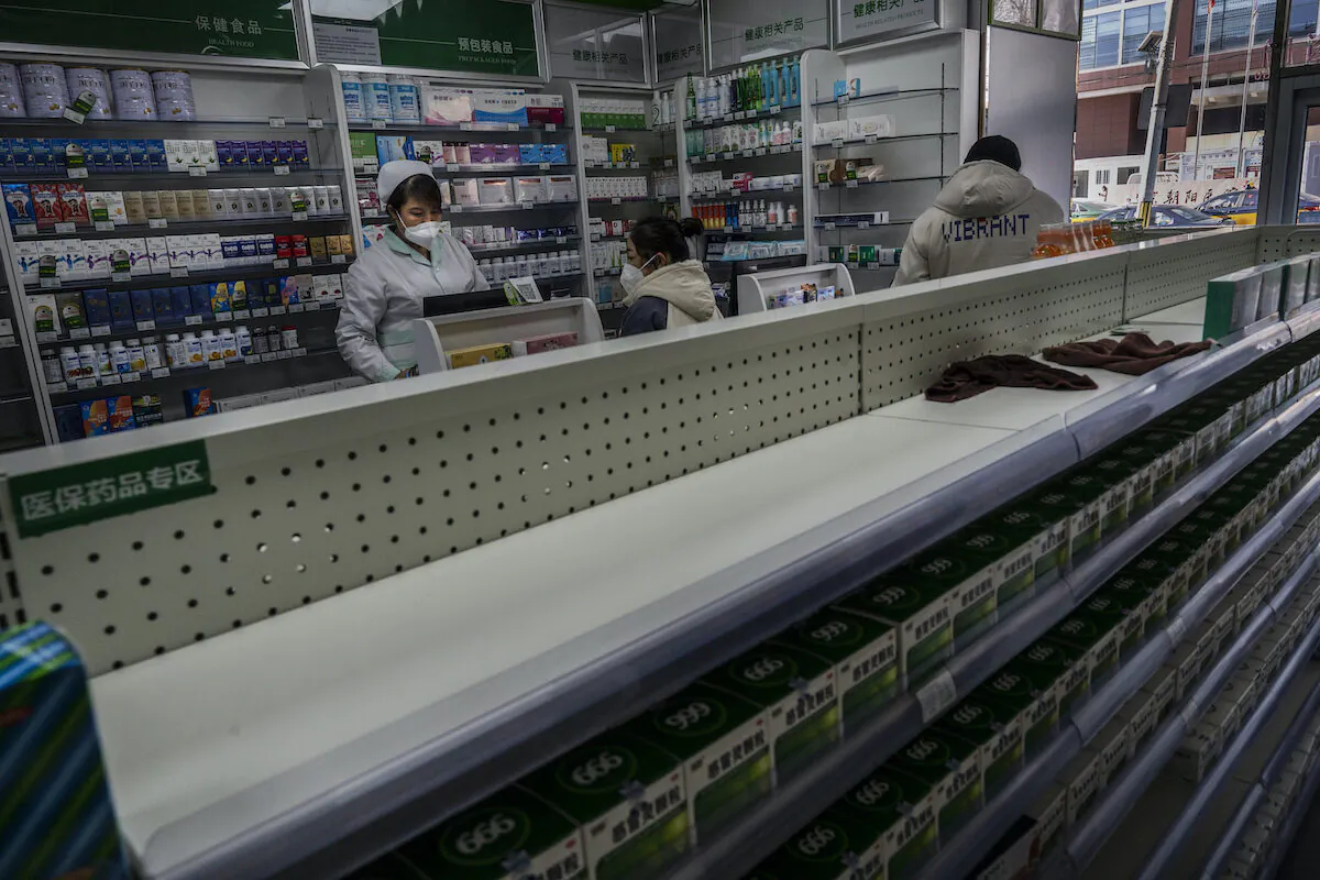 An empty shelf in a pharmacy in Beijing, on December 21, 2022. (Kevin Frayer/Getty Images)