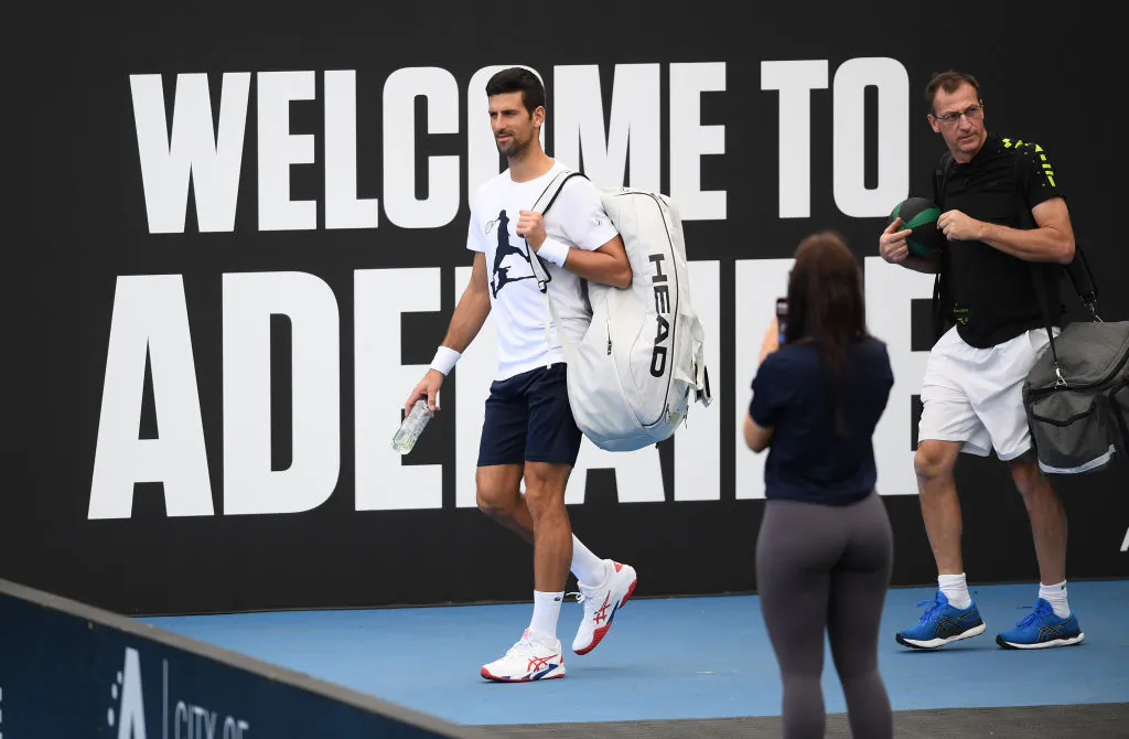 Novak Djokovic arrives on centre court during a media opportunity ahead of the 2023 Adelaide International at Memorial Drive in Adelaide, Australia, on Dec. 28, 2022. (Mark Brake/Getty Images)