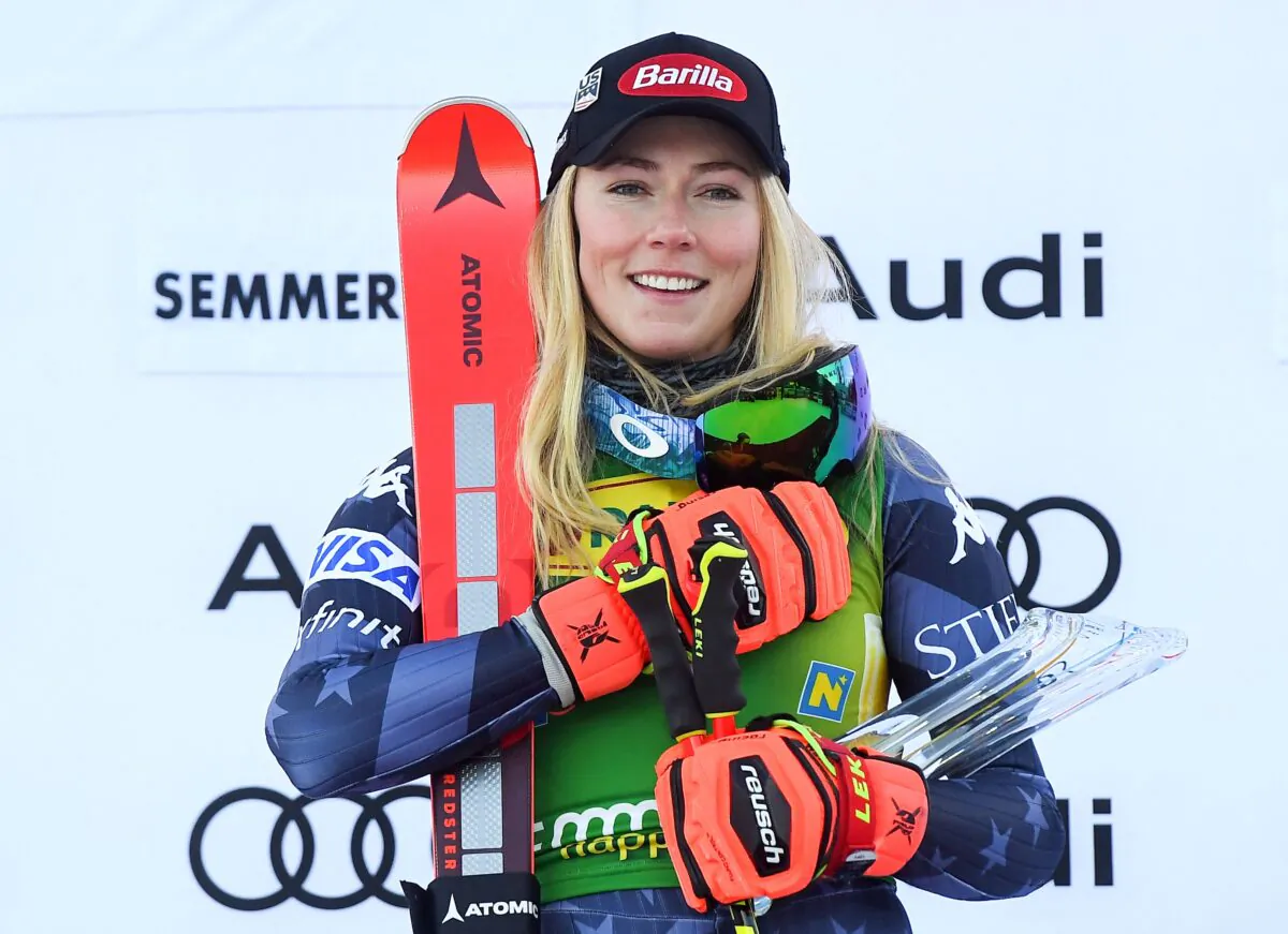 Mikaela Shiffrin of the United States celebrates on the podium after winning the second run of the giant slalom during the FIS Alpine Skiing Women's World Cup in Semmering, Austria, on Dec. 27, 2022. (Vladimir Simicek/AFP via Getty Images)
