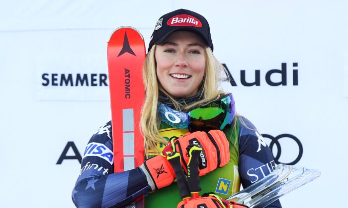 Mikaela Shiffrin of the United States celebrates on the podium after winning the second run of the giant slalom during the FIS Alpine Skiing Women's World Cup in Semmering, Austria, on Dec. 27, 2022. (Vladimir Simicek/AFP via Getty Images)
