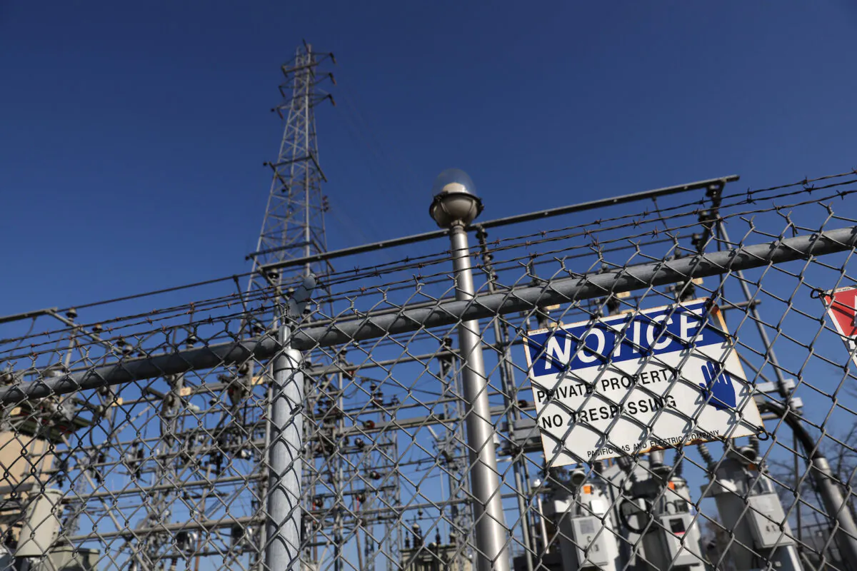 A no trespassing sign is posted in front of a electrical substation in a file photo taken on Jan. 26, 2022. (Justin Sullivan/Getty Images)