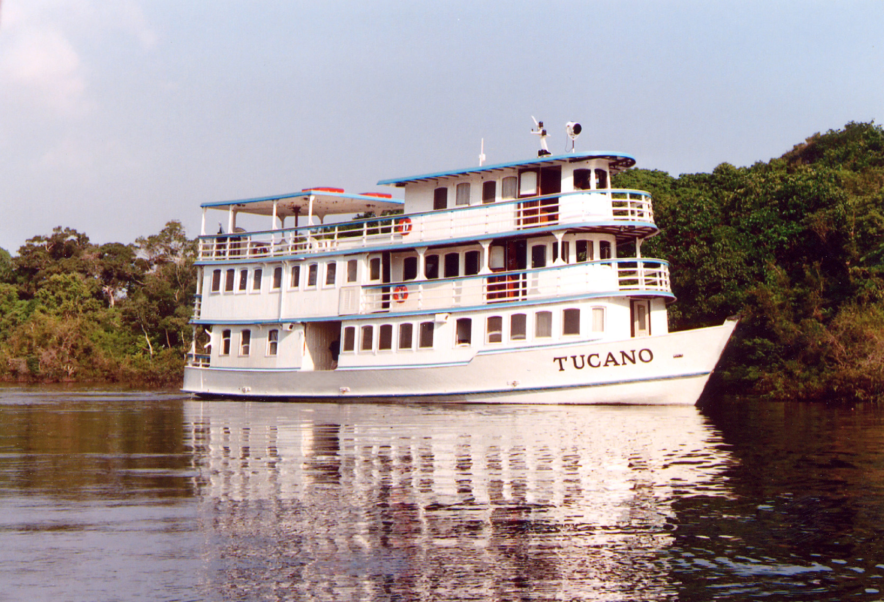 The river yacht Toucan lies at anchor on the Amazon River near Amazonia.