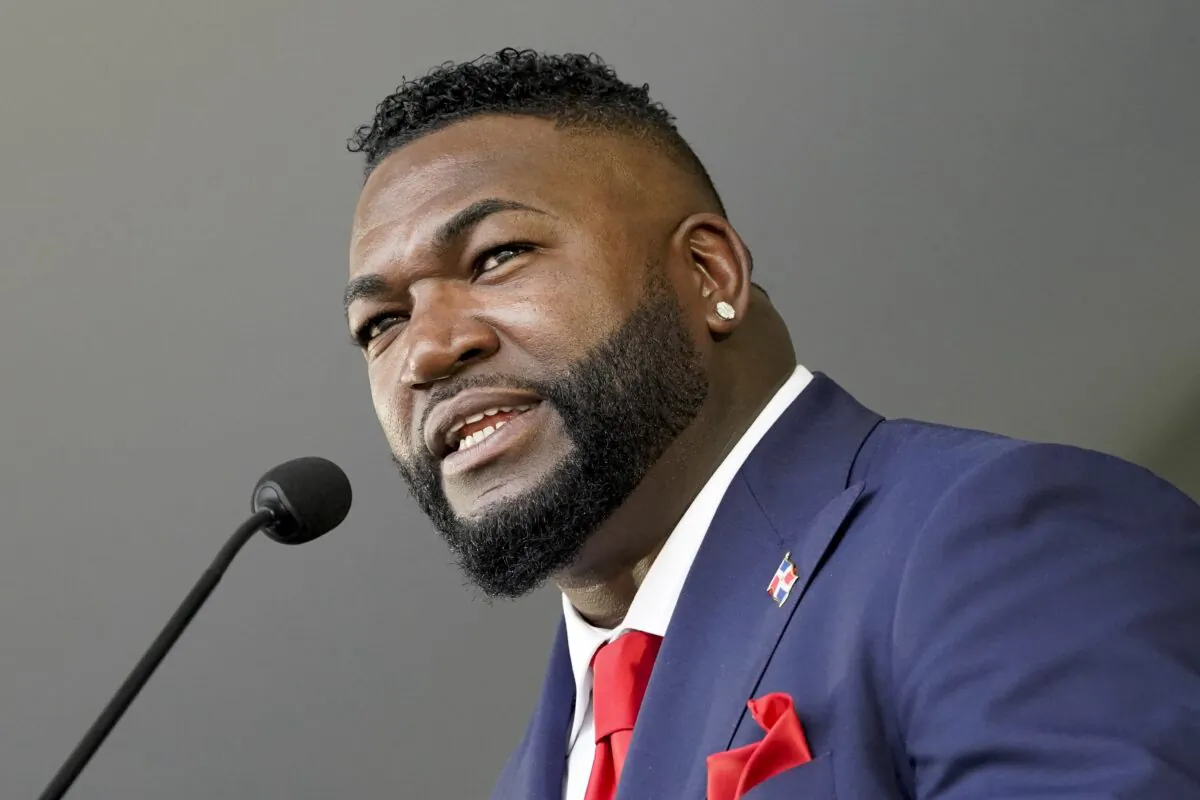 Hall of Fame inductee David Ortiz, formerly of the Boston Red Sox, speaks during the National Baseball Hall of Fame induction ceremony at the Clark Sports Center in Cooperstown, N.Y., on July 24, 2022. (John Minchillo/AP Photo)